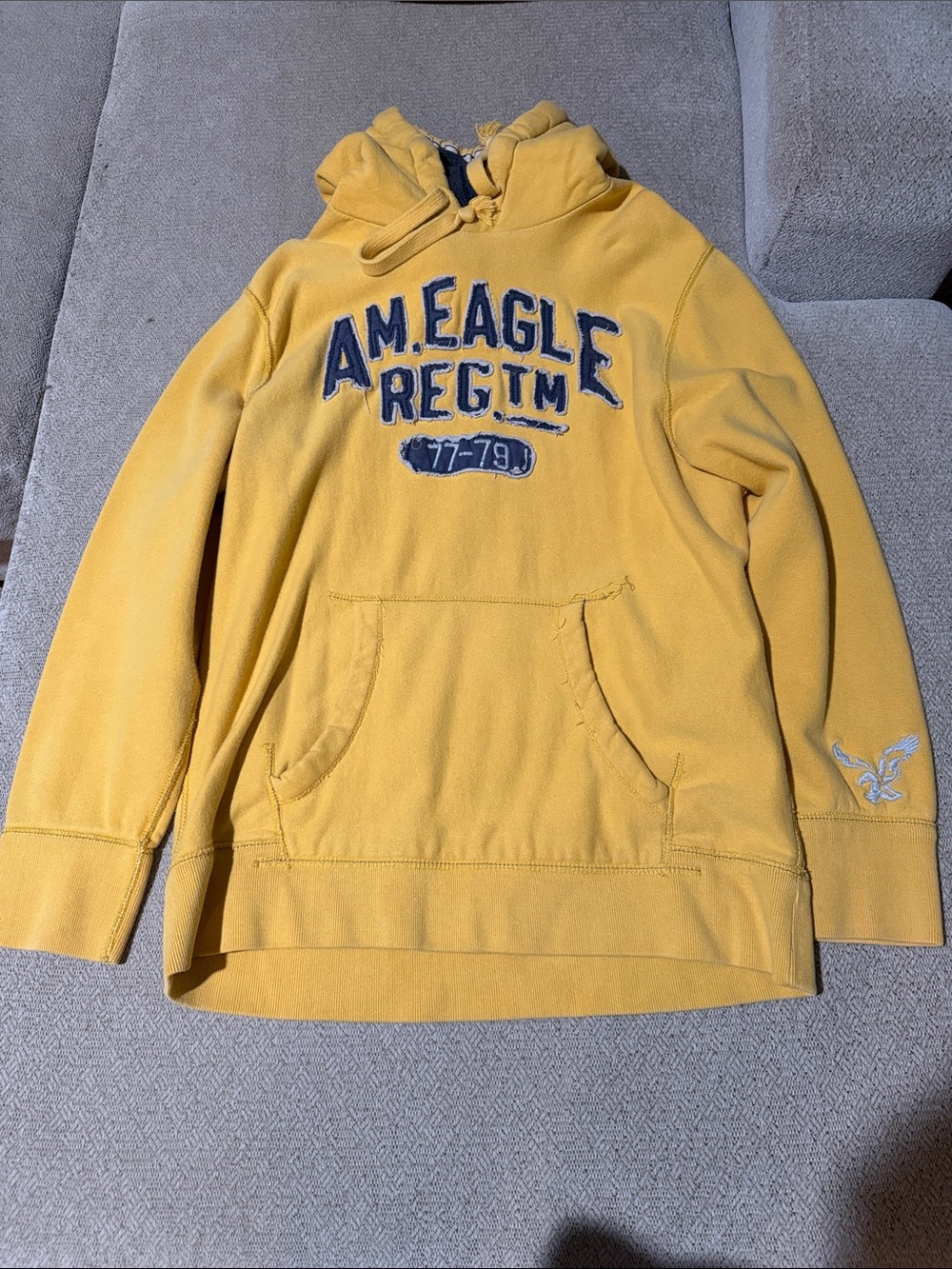 American Eagle Outfitters Mustard Yellow Hoodie with Navy Applique